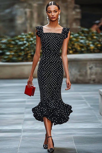 Mermaid Black White Polka Dot Ruffled Graduation Dress